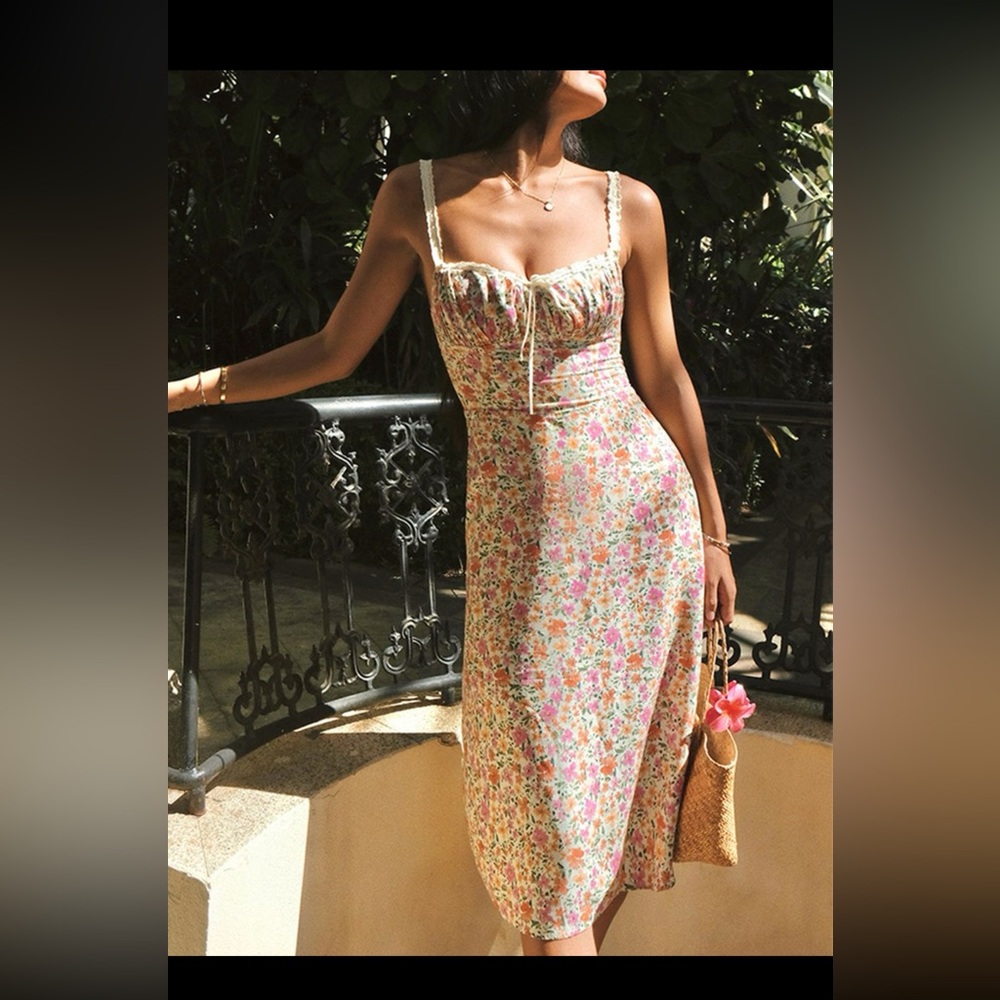 Floral Print Trim Cami Midi Dress